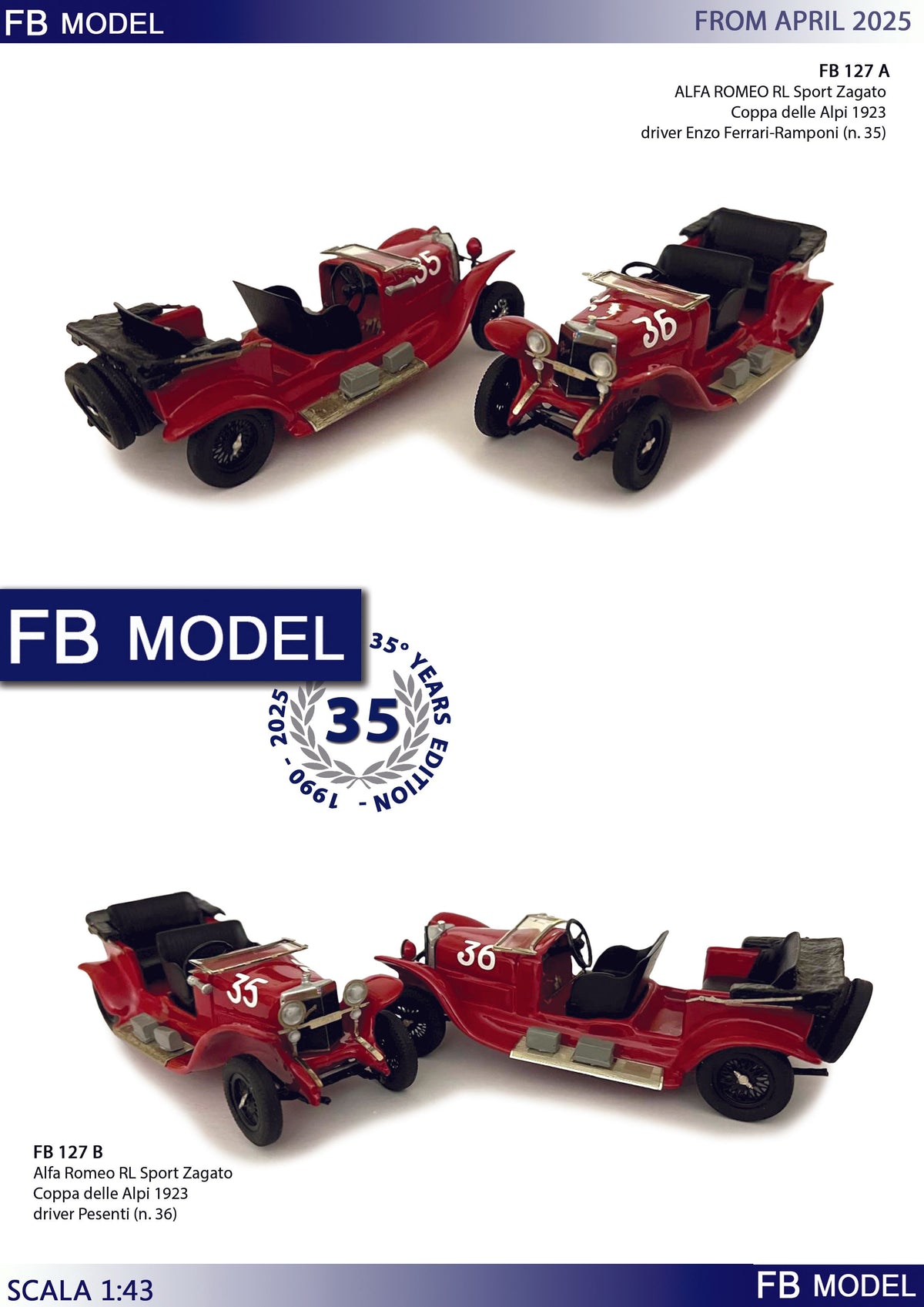 FB MODEL FBK127A Alfa Romeo RL Sport Zagato 4a Coppa delle Alpi 1923 Enzo Ferrari-Rampini # 35
